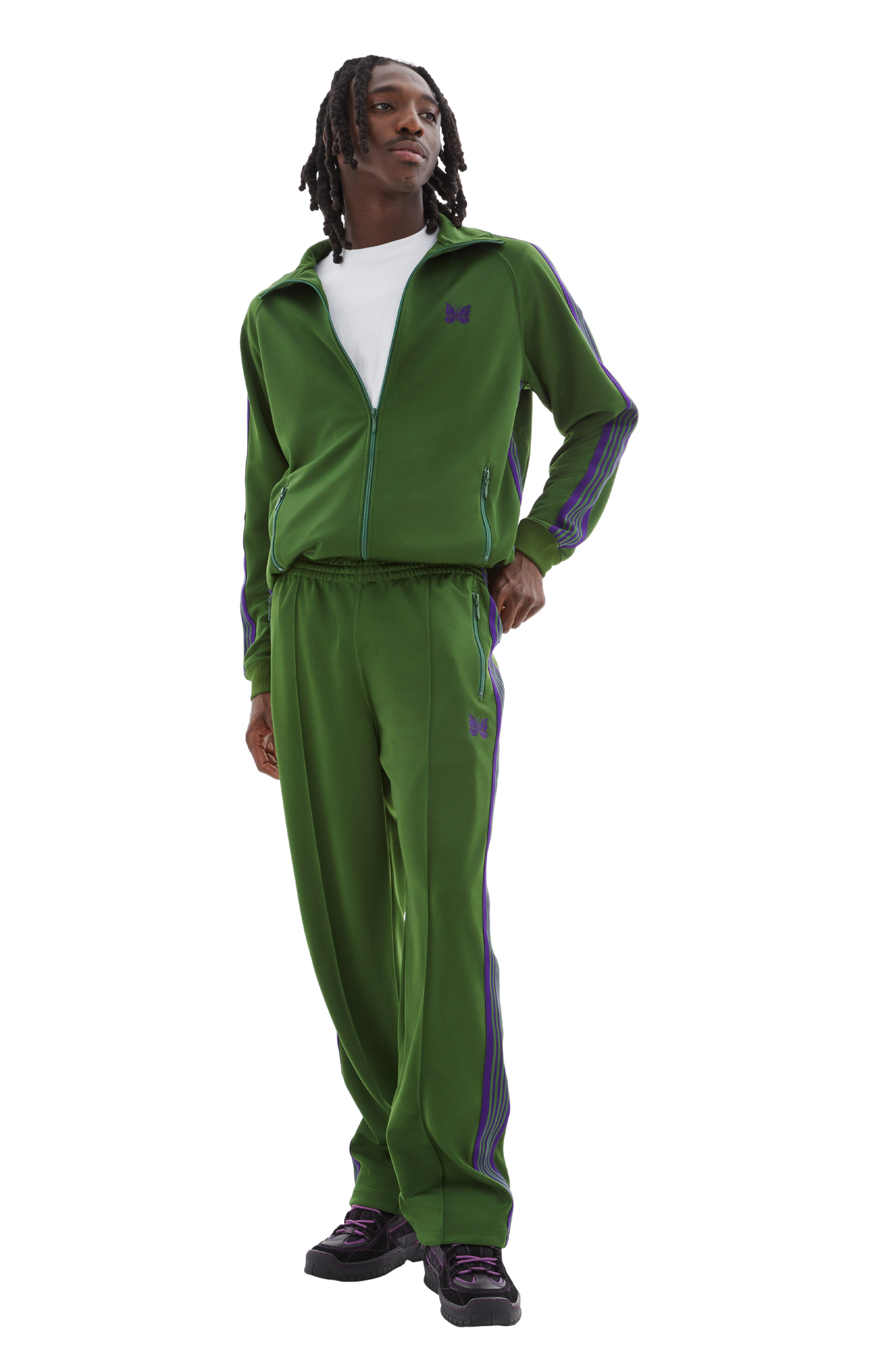 Needles Брюки-NS246/Ivy Green треники, стрелки, фиолет лампасы, зеленый