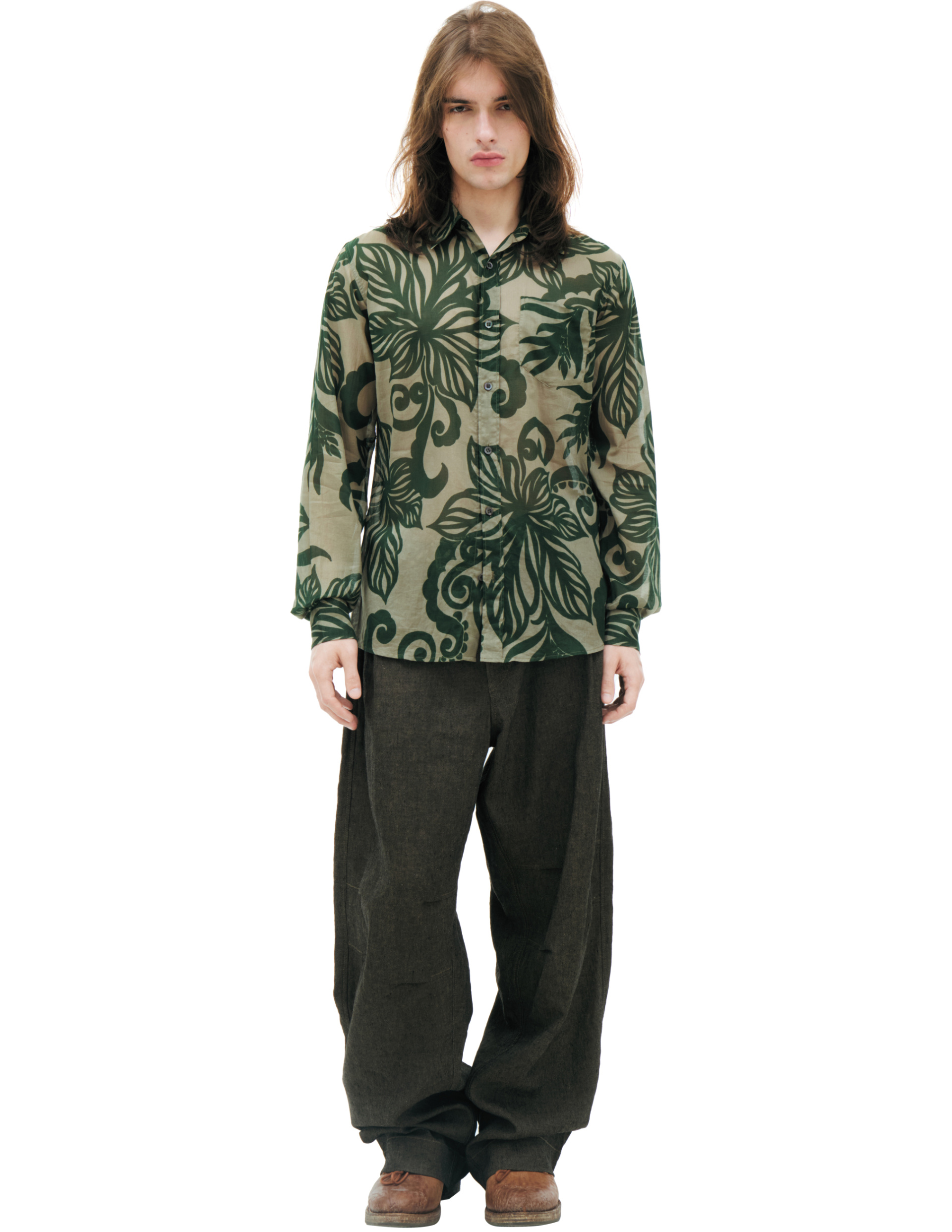 Dries Van Noten Рубашка-231-020707-6136-606 тонкая, монопринт листья, зеленая
