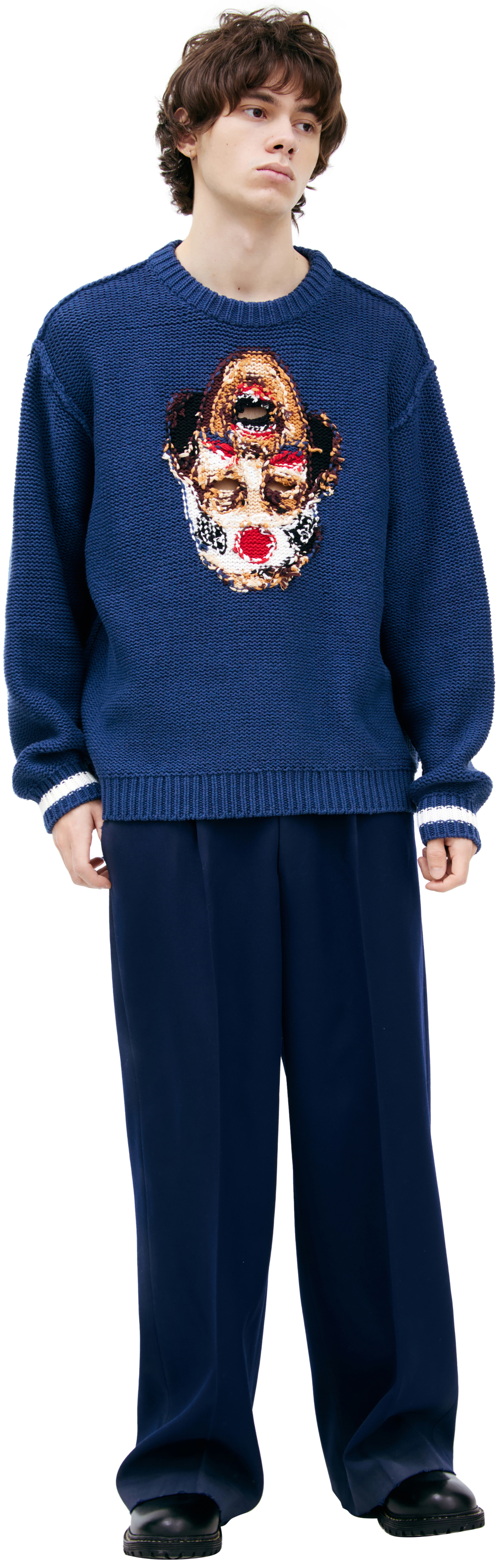 Buy Doublet men blue knitted sweater for $480 online on SV77