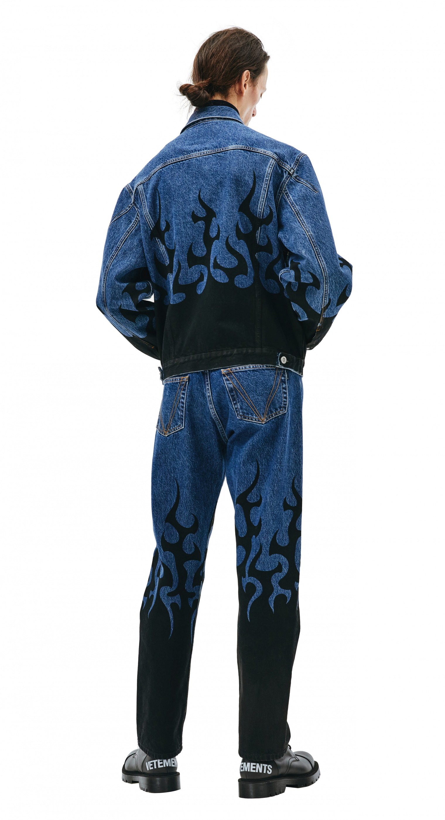 Buy VETEMENTS men navy blue flame print denim jacket for $1,603