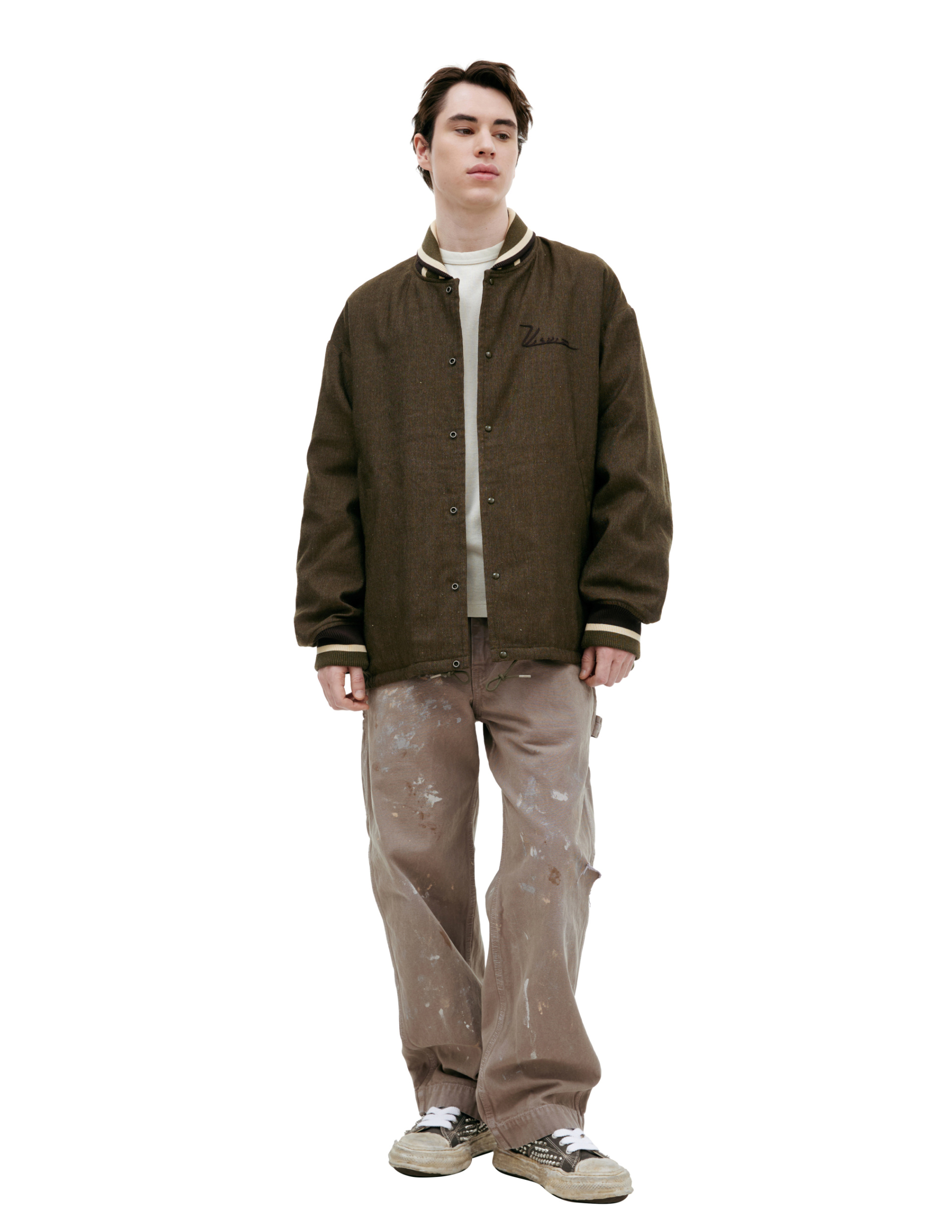 visvim Куртка-0125105013009 бомбер, на кнопках, вышивка лого на груди, шерсть, хаки