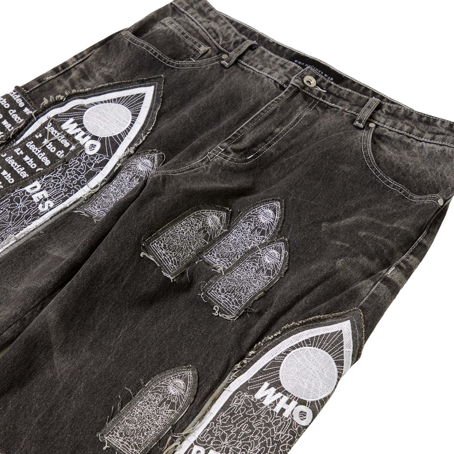 Who Decides War Motif Patched Denim