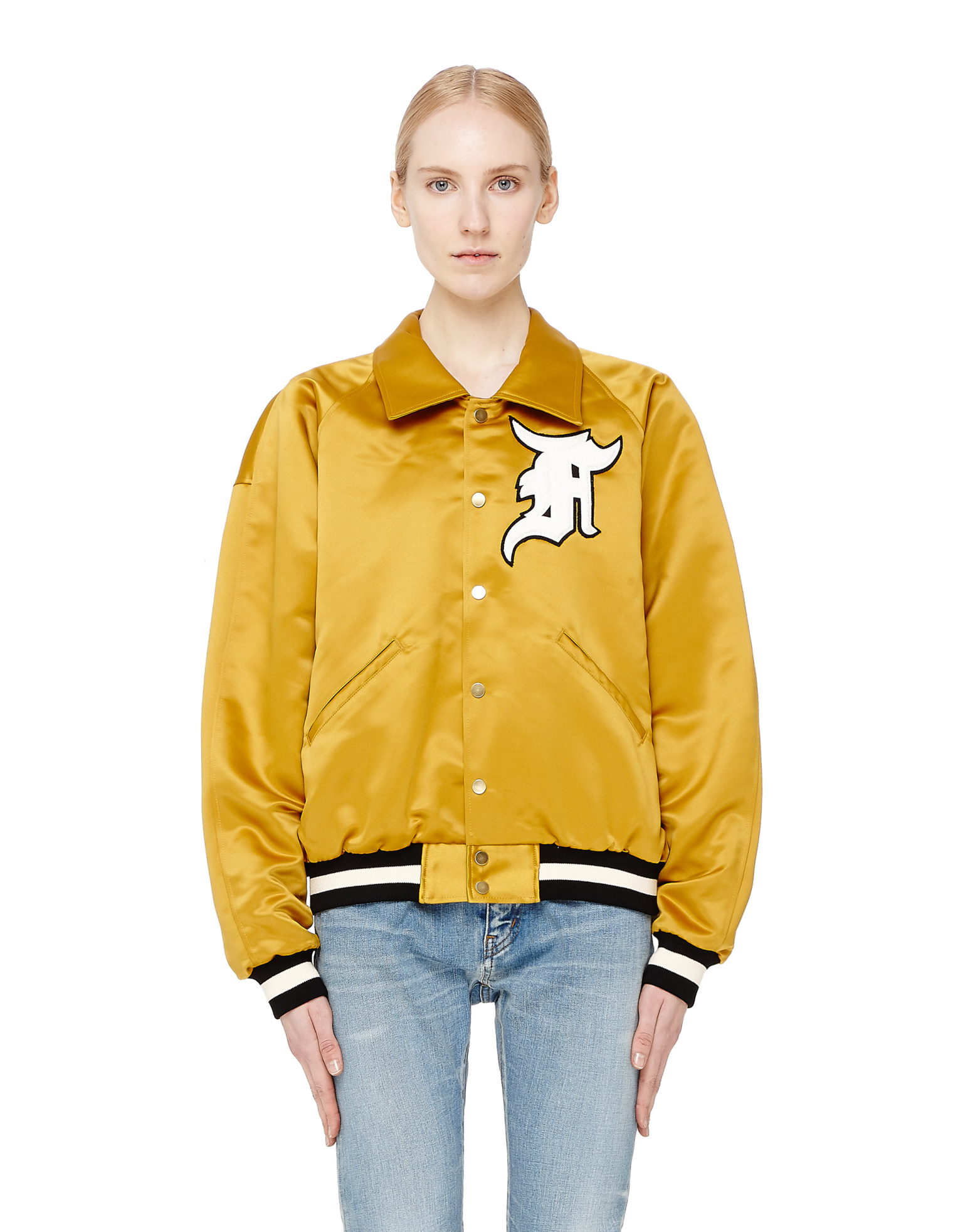 Fear of God Золотой атласный бомбер с нашивками