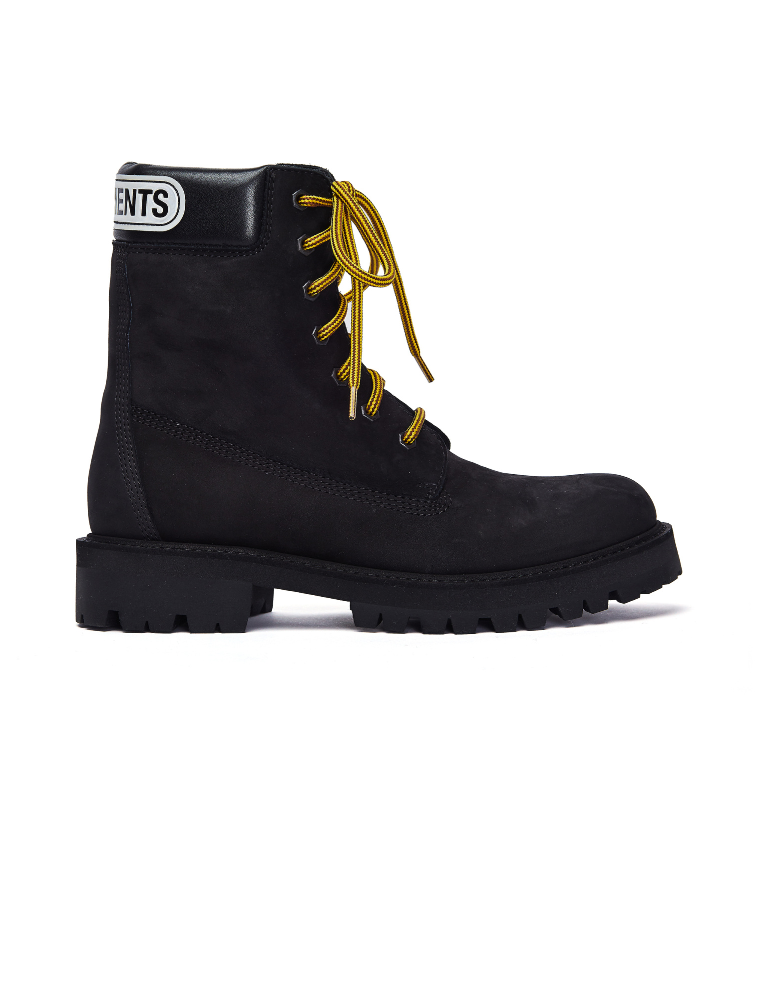 Buy VETEMENTS men black nubuck trucker logo boots for €545 online 
