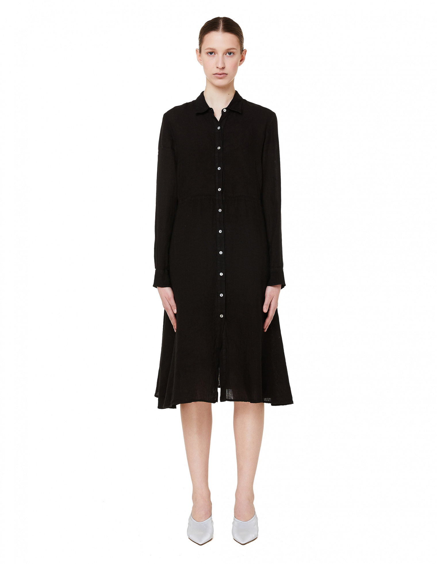 120% Lino Черное льняное платье-рубашка