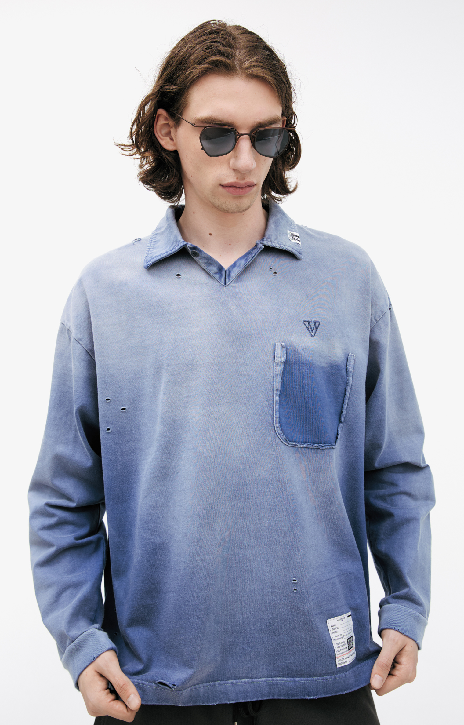 Buy Maison Mihara Yasuhiro men blue polo with a distressed look