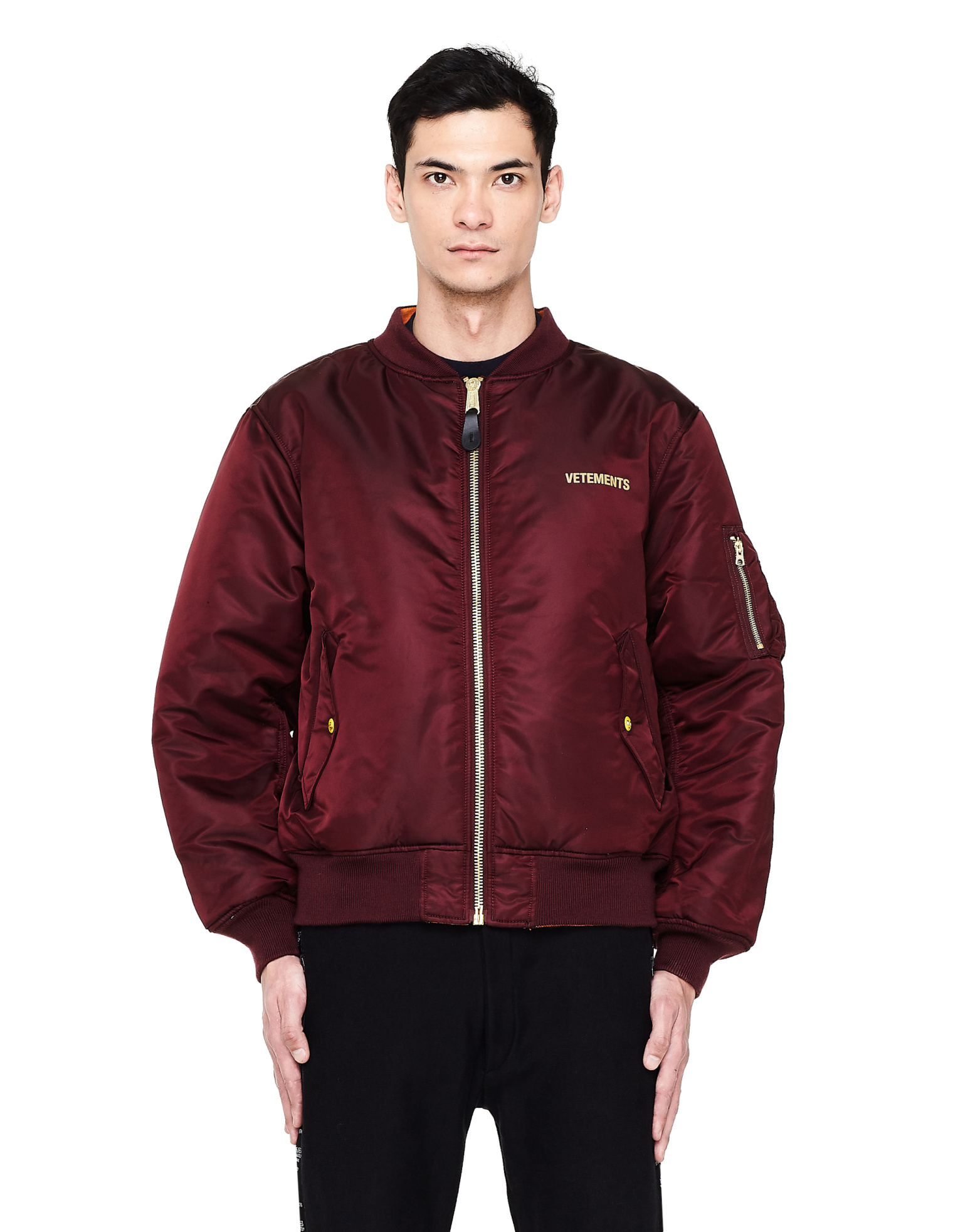 VETEMENTS Men\'s Burgundy Reversible Logo Bomber Jacket