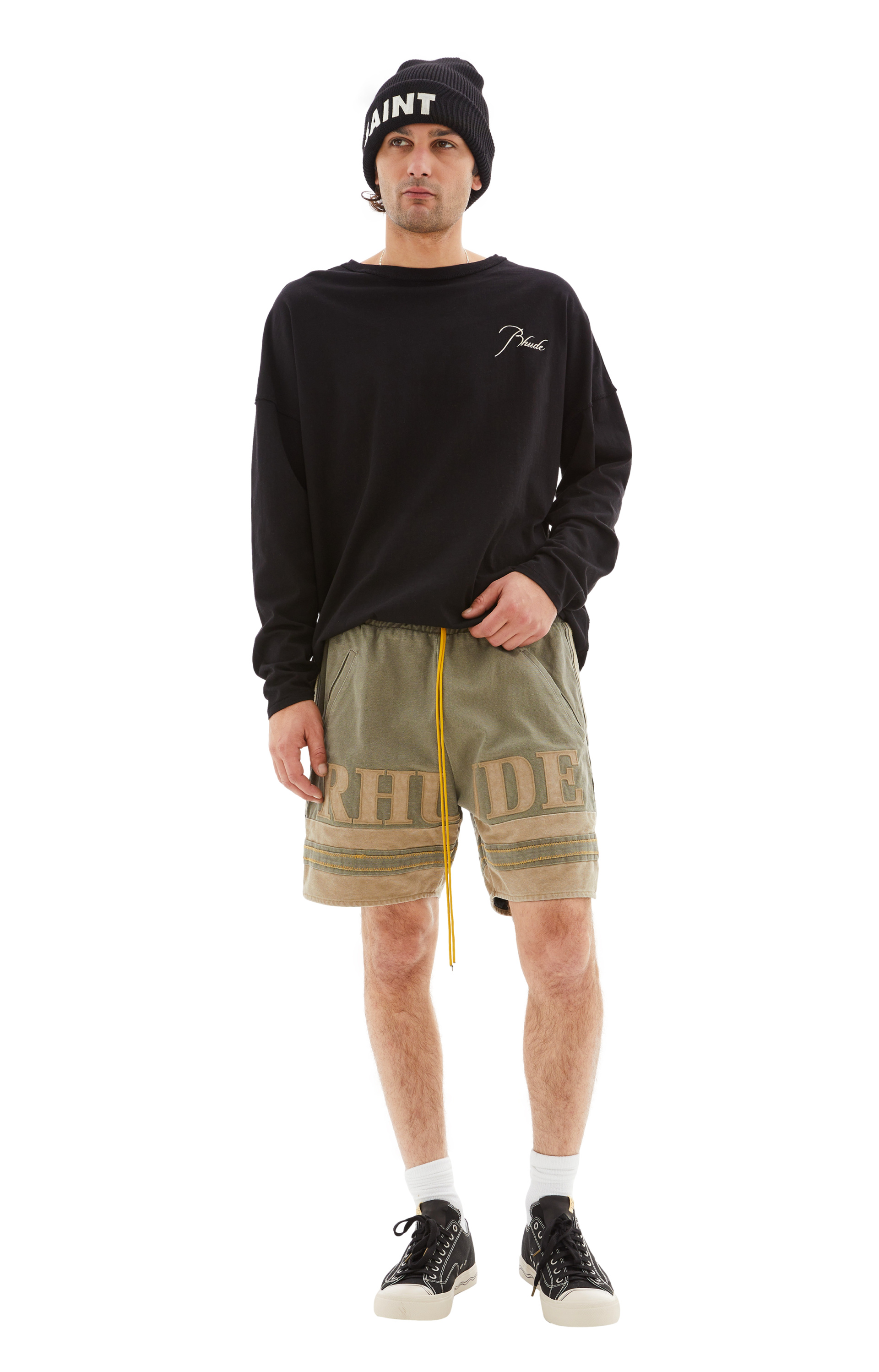 RHUDE Шорты-RHFW23SH044188781878 боксерские, нашивка большое беж лого спереди, хаки