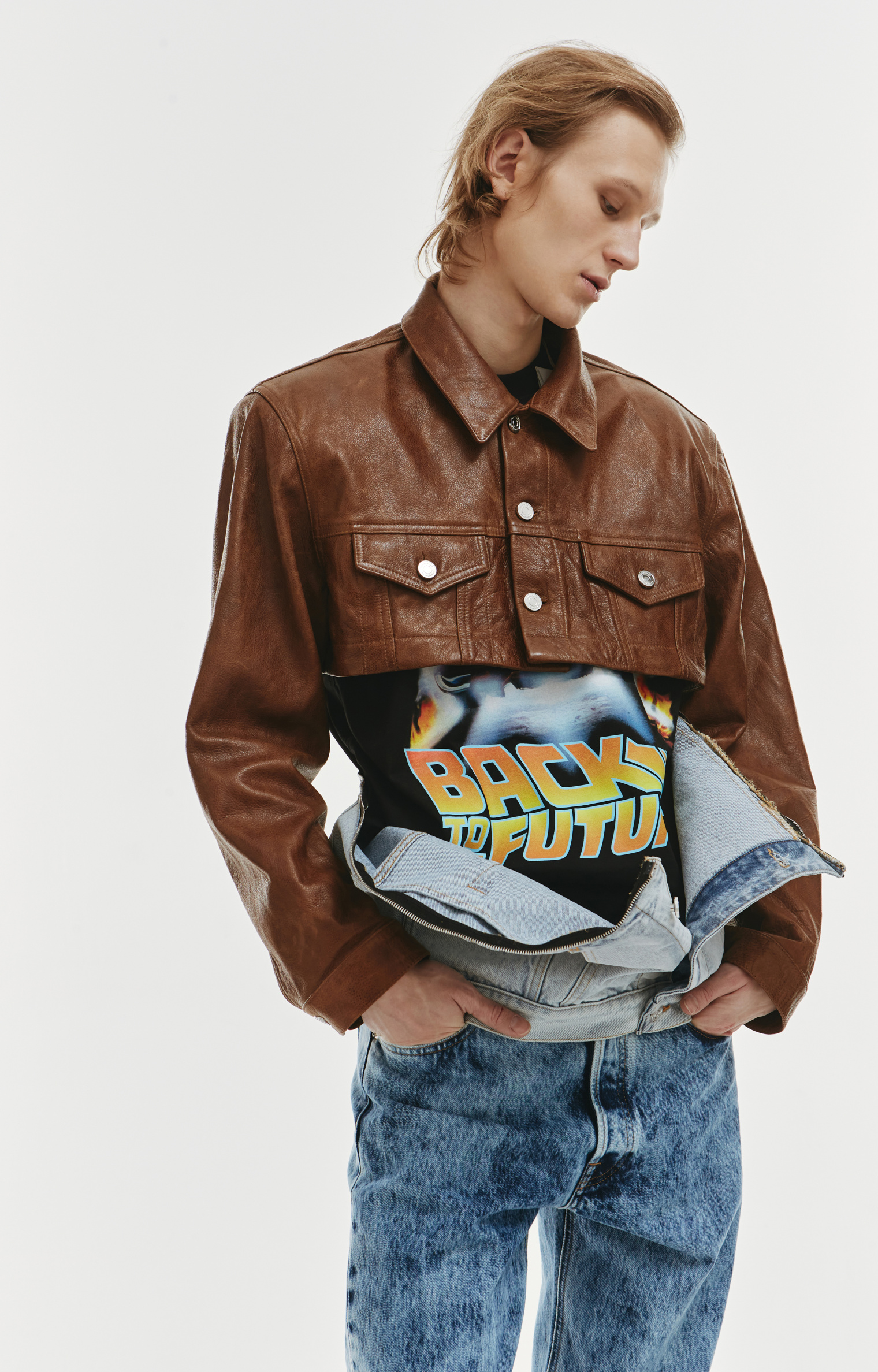 VTMNTS Convertible leather and denim jacket