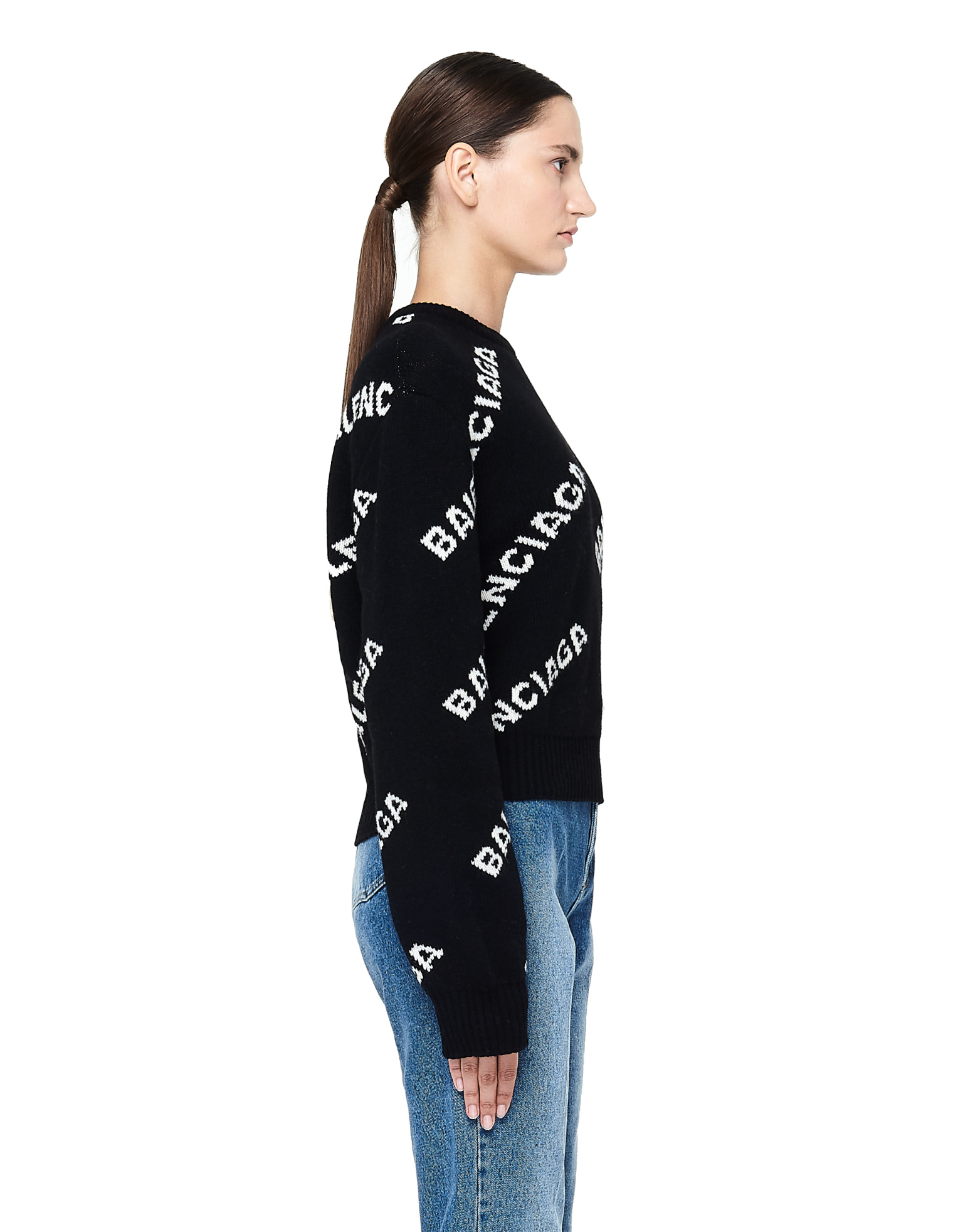 Balenciaga Black Wool Jacquard Logo Crewneck