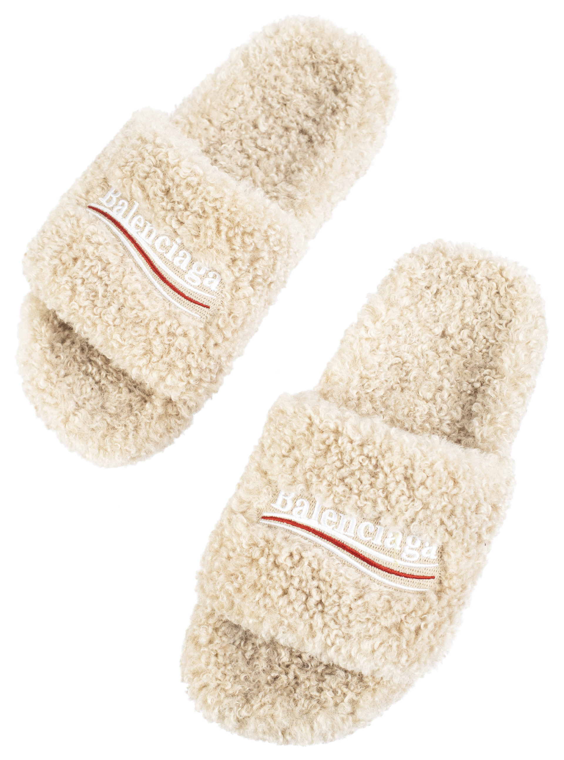 Balenciaga Furry Slide Sandals in beige