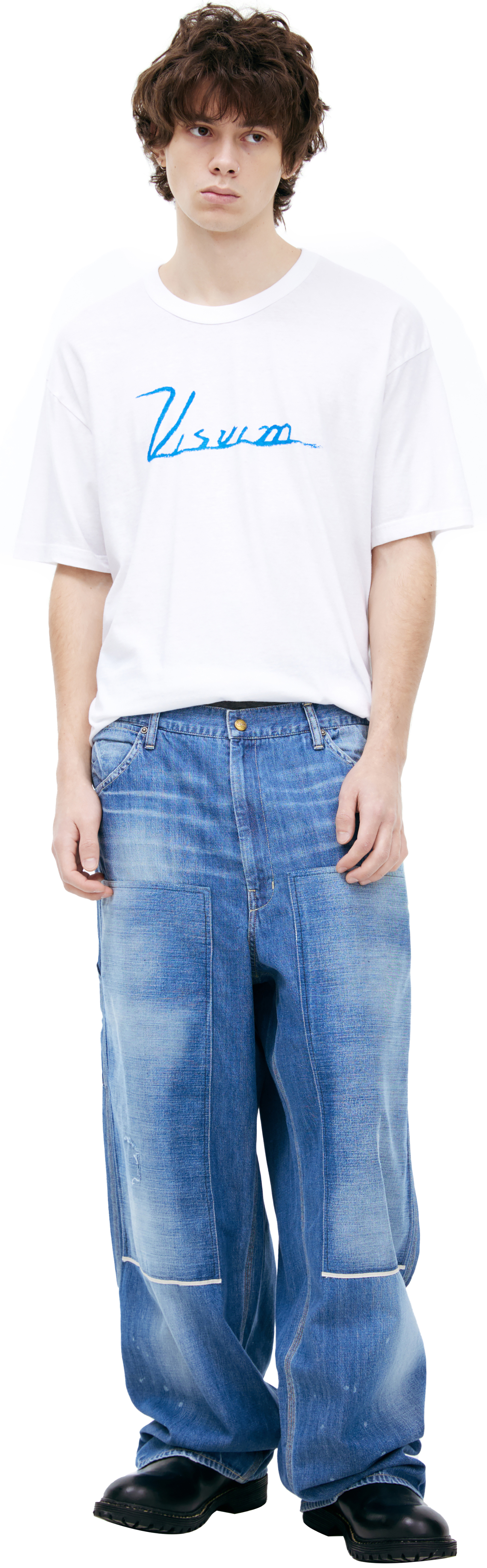 visvim Брюки-0125105005014 джинсы высокая посадка,выстир. колени. большие карманы,бананы,в краске,голубые