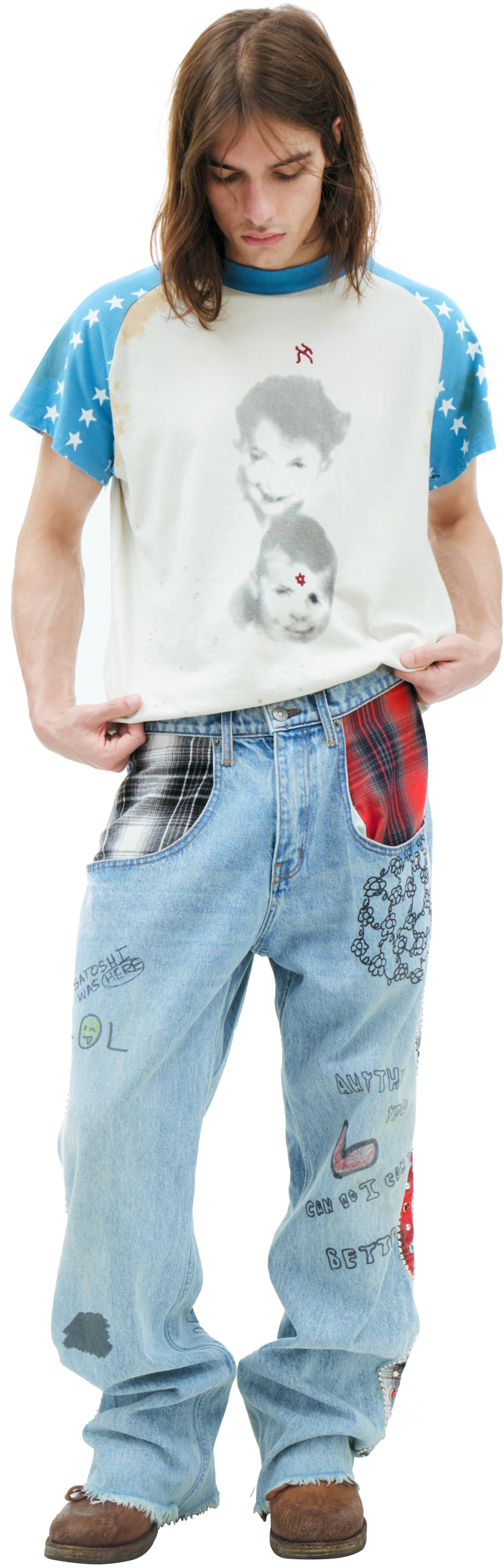 Satoshi Nakamoto Jeans with plaid panels
