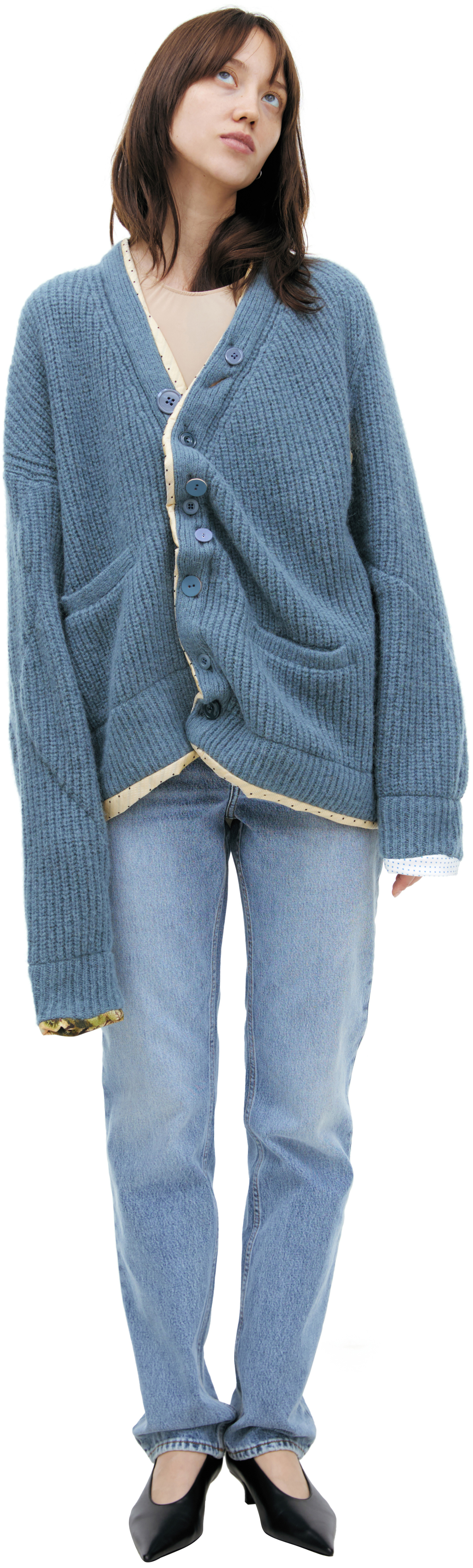 Buy Undercover women blue cardigan with slanted seams for $943