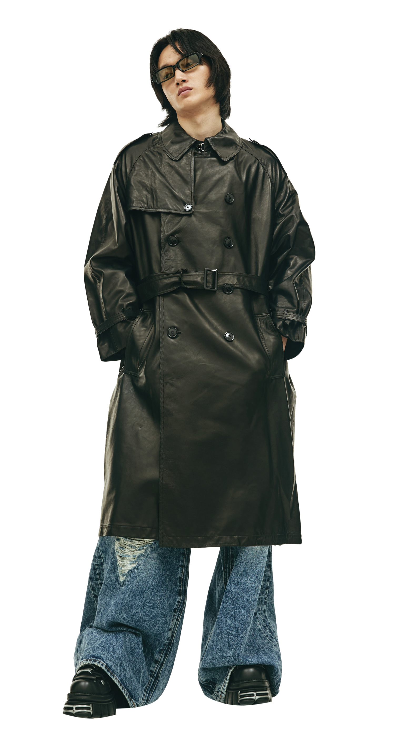 VETEMENTS Black leather trench coat