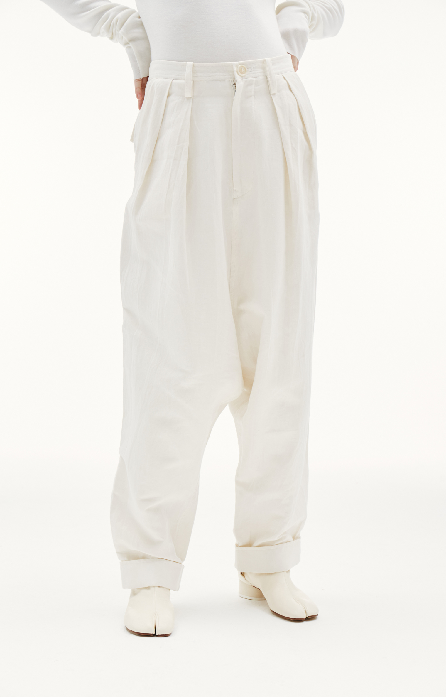 Y\'s Ivory Linen & Cotton Baggy Trousers