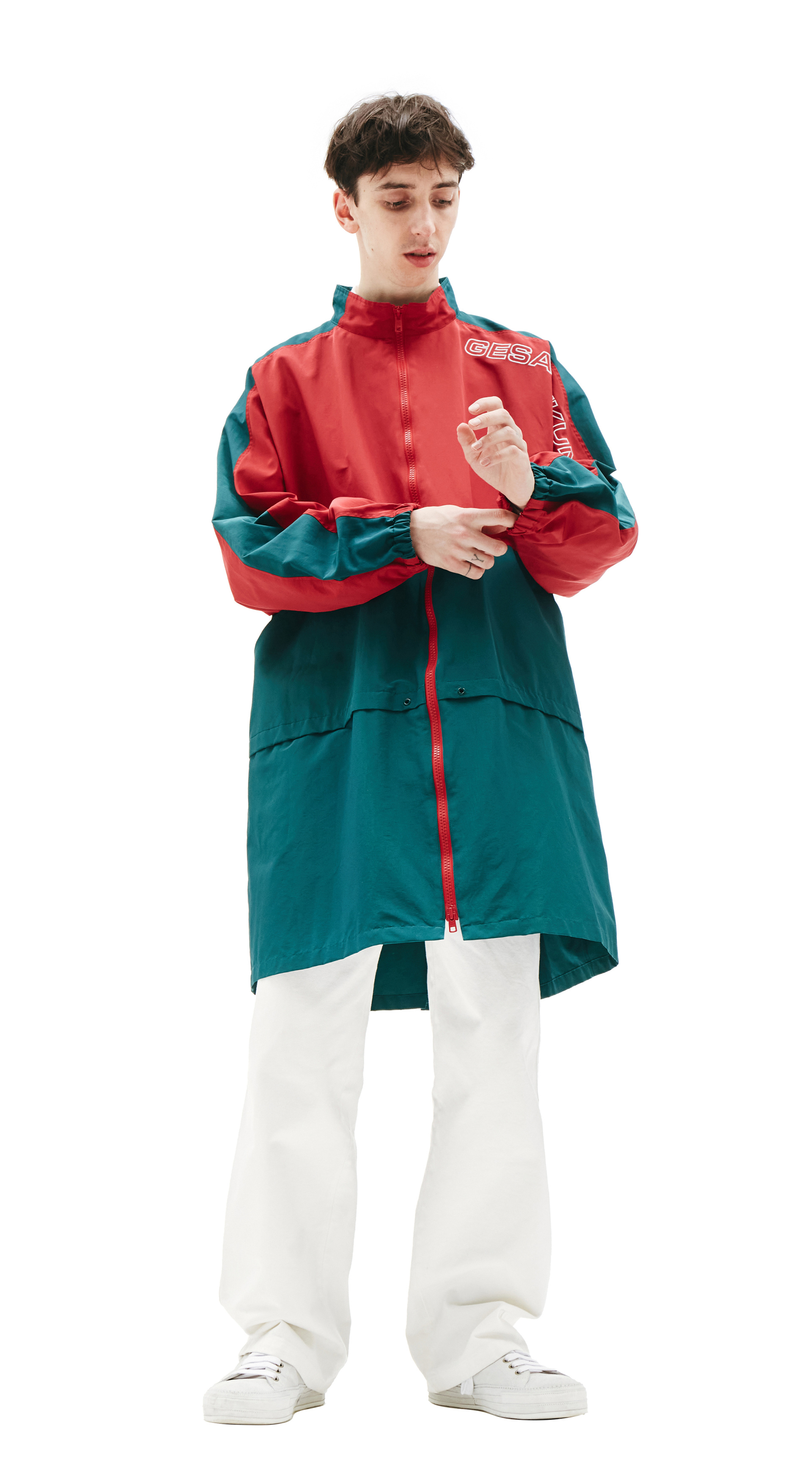 John Undercover Green & Red Embroidered Cotton Mix Coat