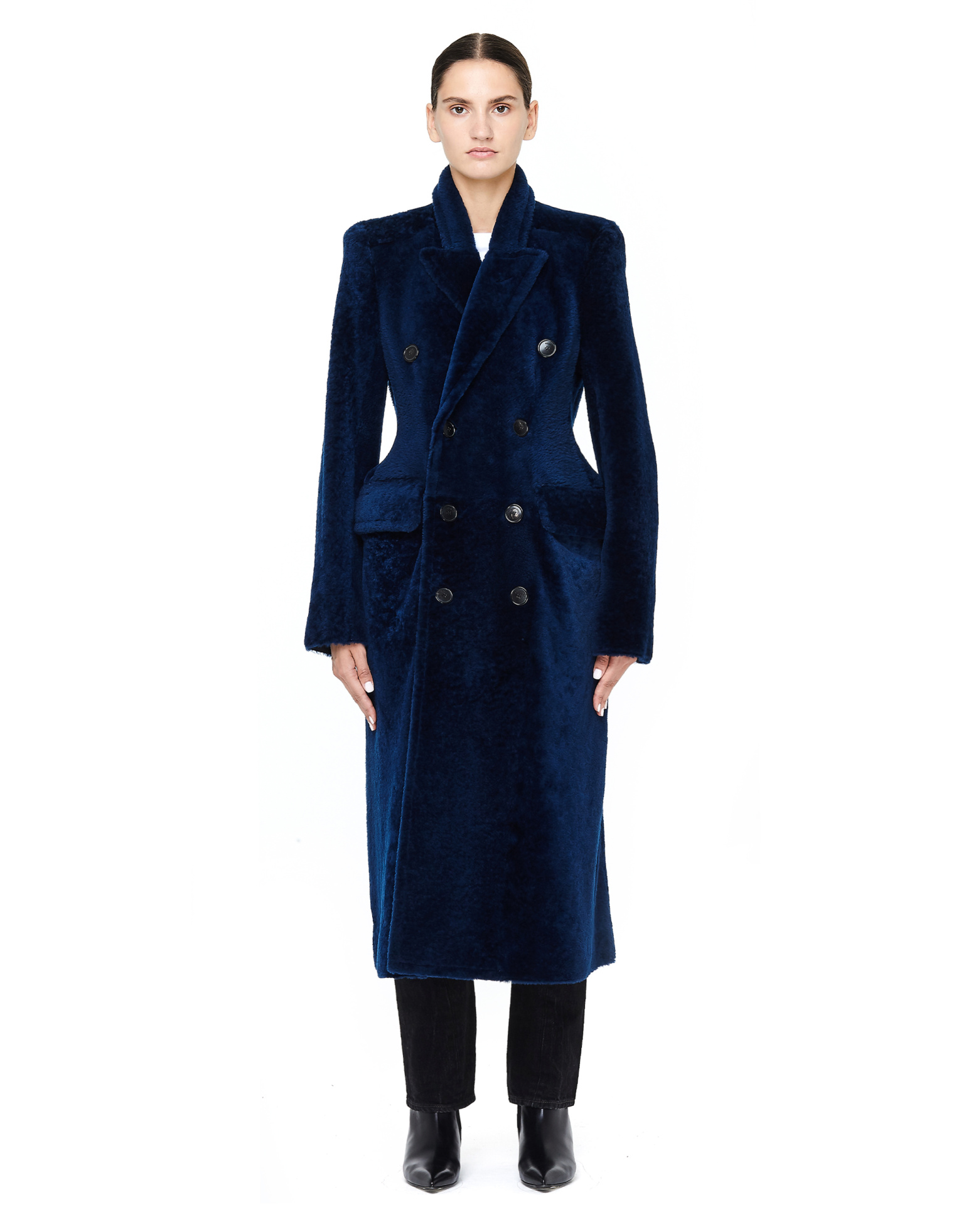 Balenciaga Hourglass Navy Shearling Coat