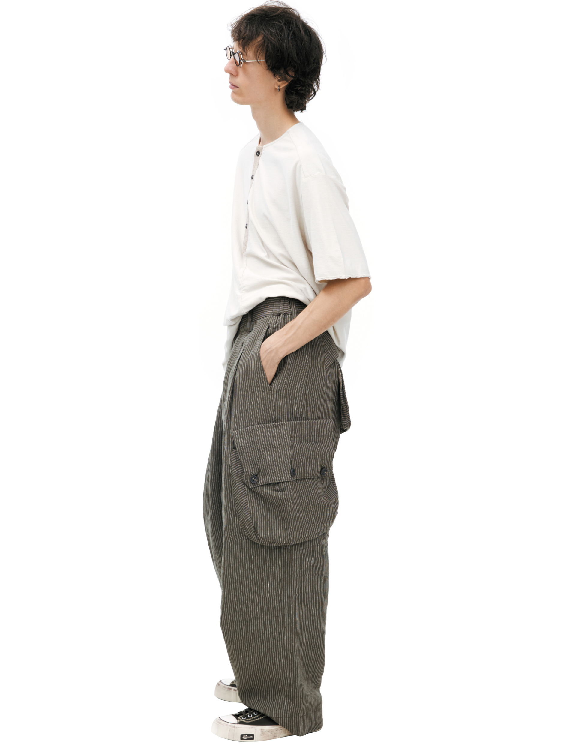 Ziggy Chen Брюки-0M2610556 TATIC WORKERS TROUSERS, свободные карго-штаны с двойными защипами, в полоску хаки