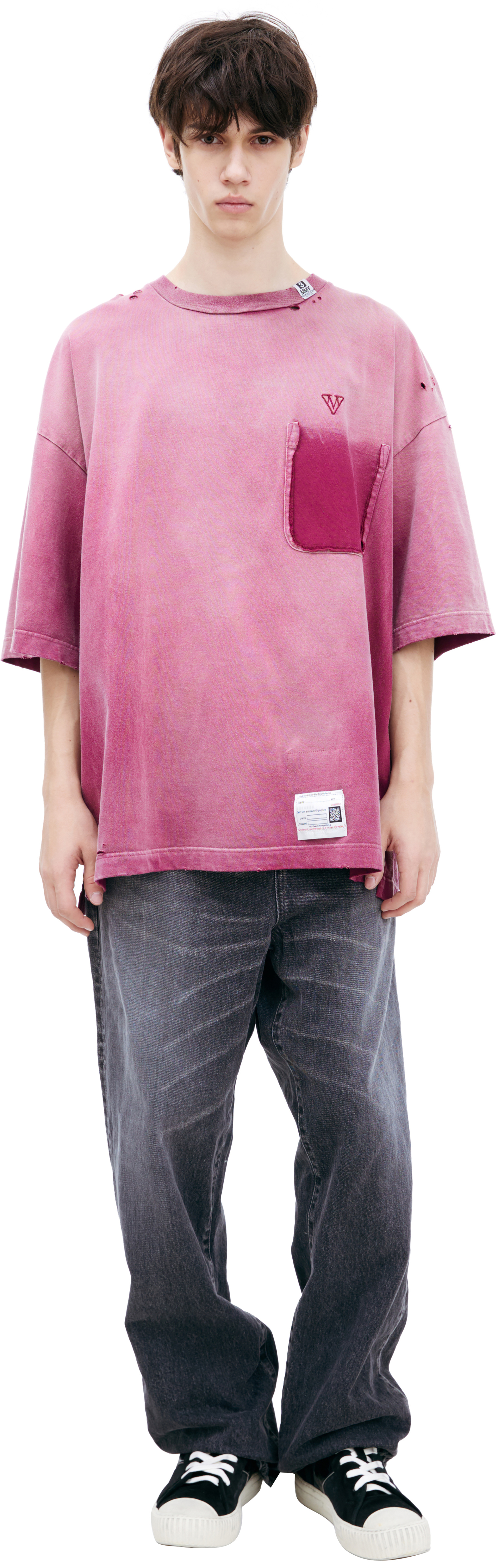 Maison Mihara Yasuhiro Футболка-A15TS621 фейк карман на груди,дырявый,лого на груди,выстиранный бордовый