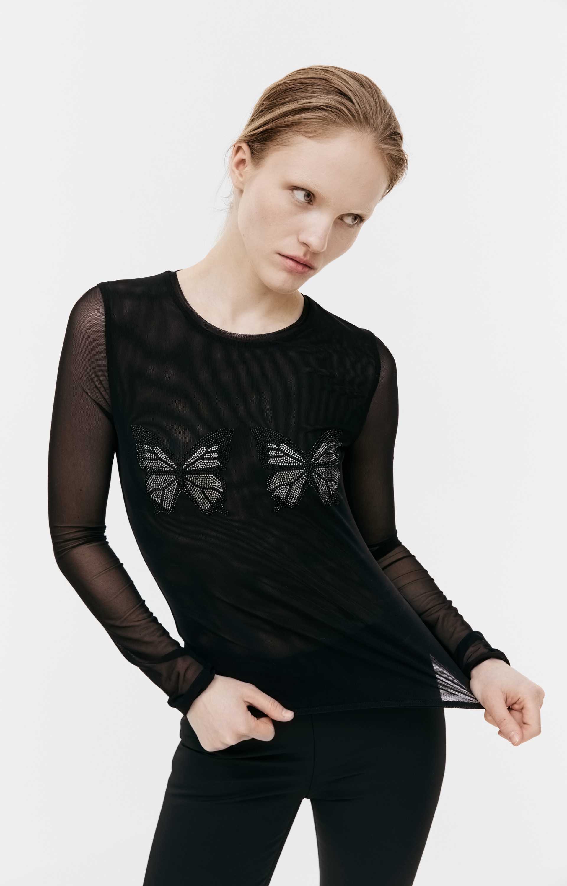 Blumarine Crystal-cut semi-sheer longsleeve