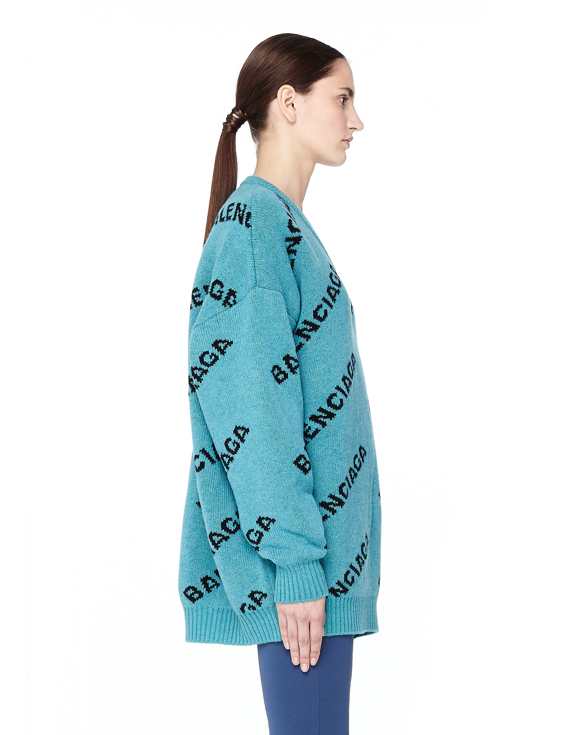 Balenciaga Turquoise Jacquard Logo Wool Sweater