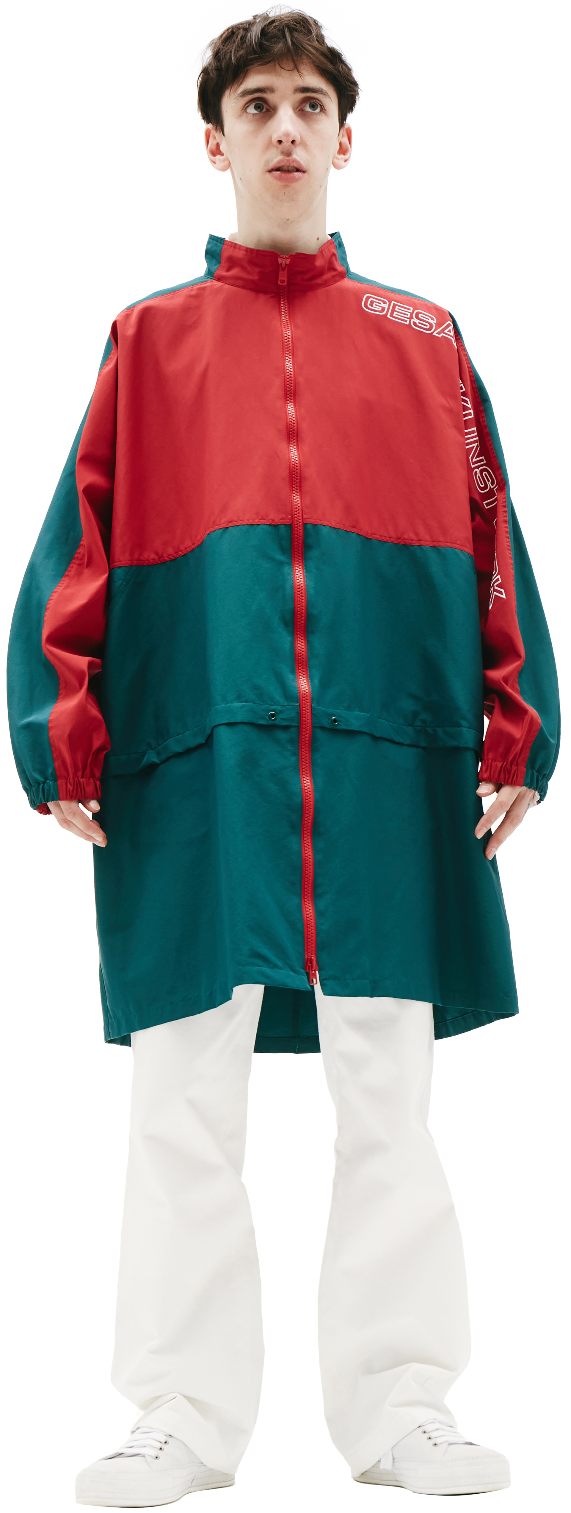 John Undercover Green & Red Embroidered Cotton Mix Coat
