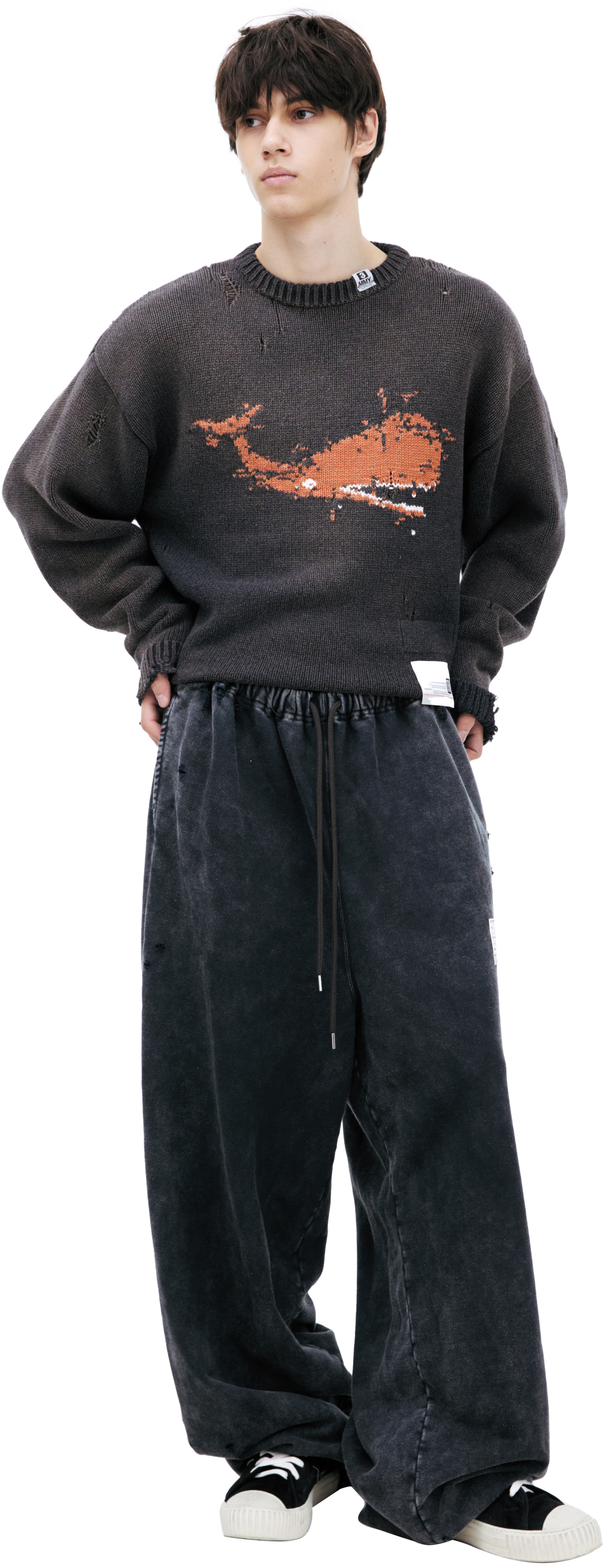Buy Maison Mihara Yasuhiro men black logo wide sweatpants for $585 