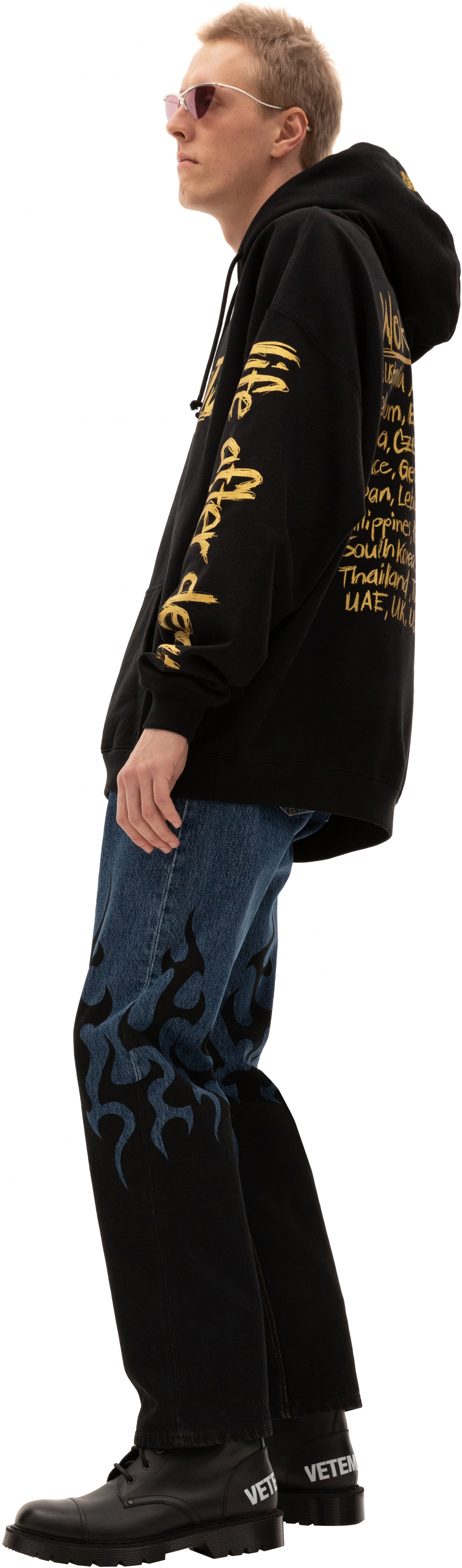 Buy VETEMENTS men black world tour golden prints hoodie for €534