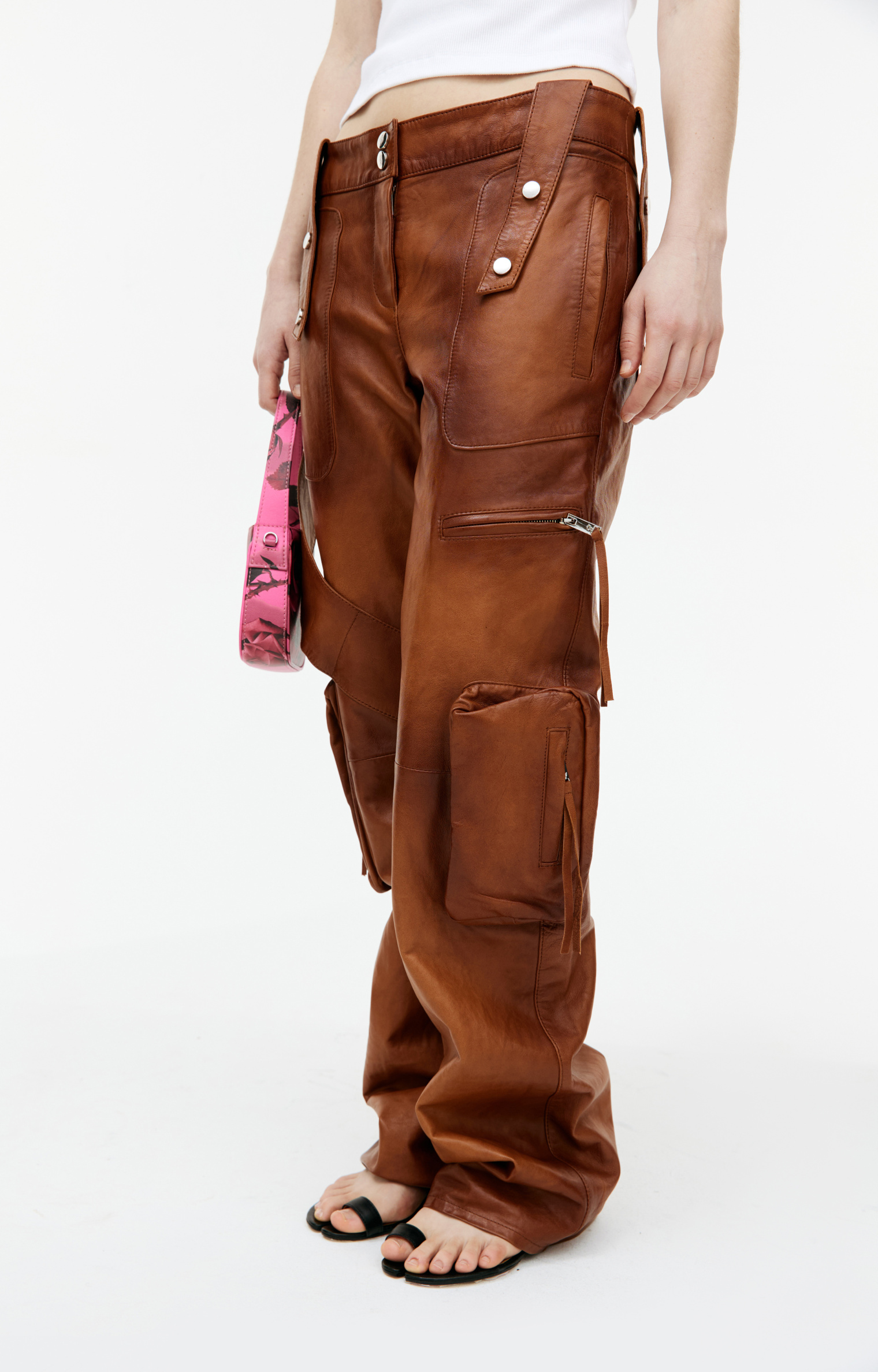 Blumarine Brown leather cargo trousers