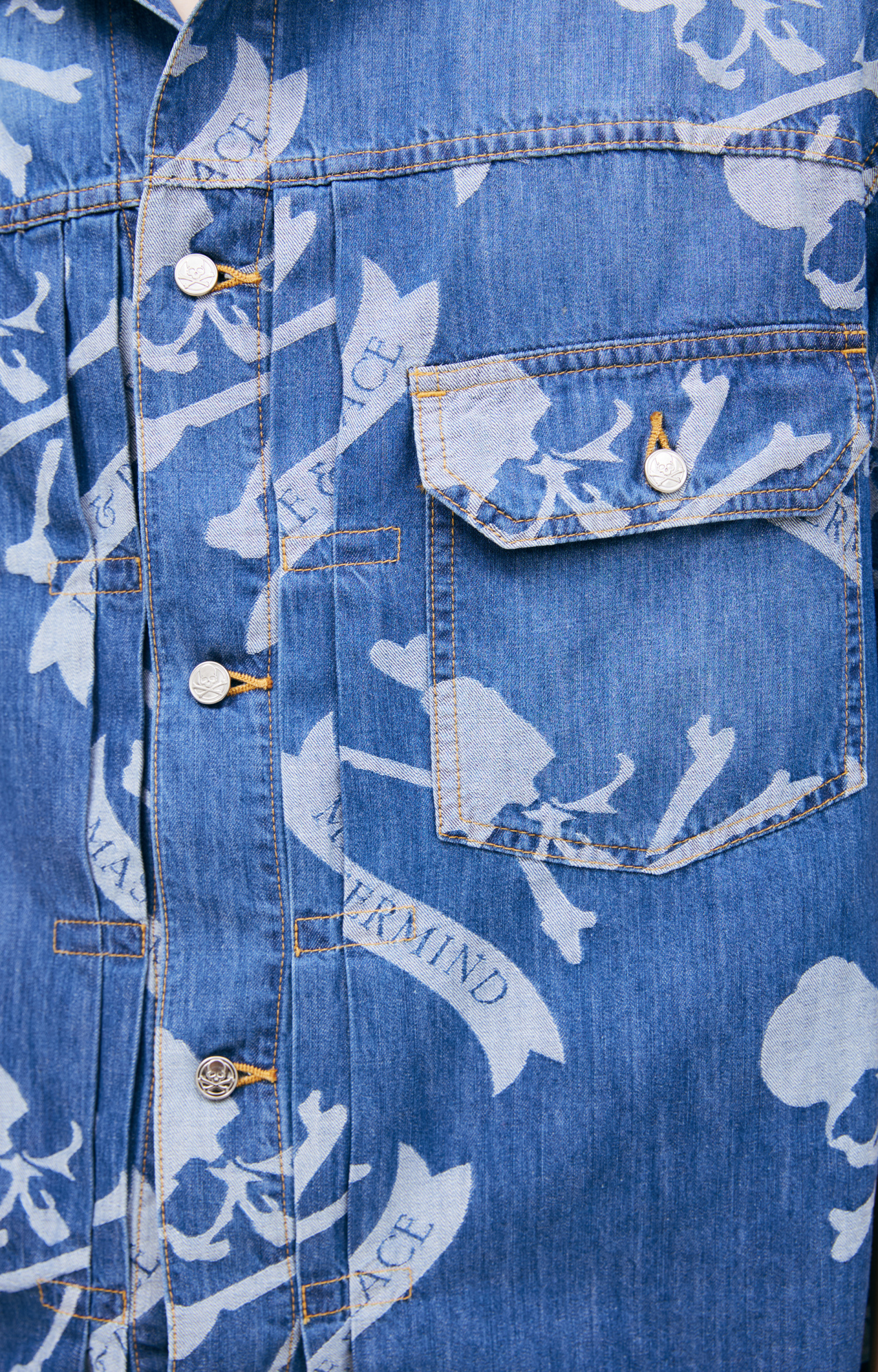 Buy Mastermind WORLD men navy blue denim shirt with a single print