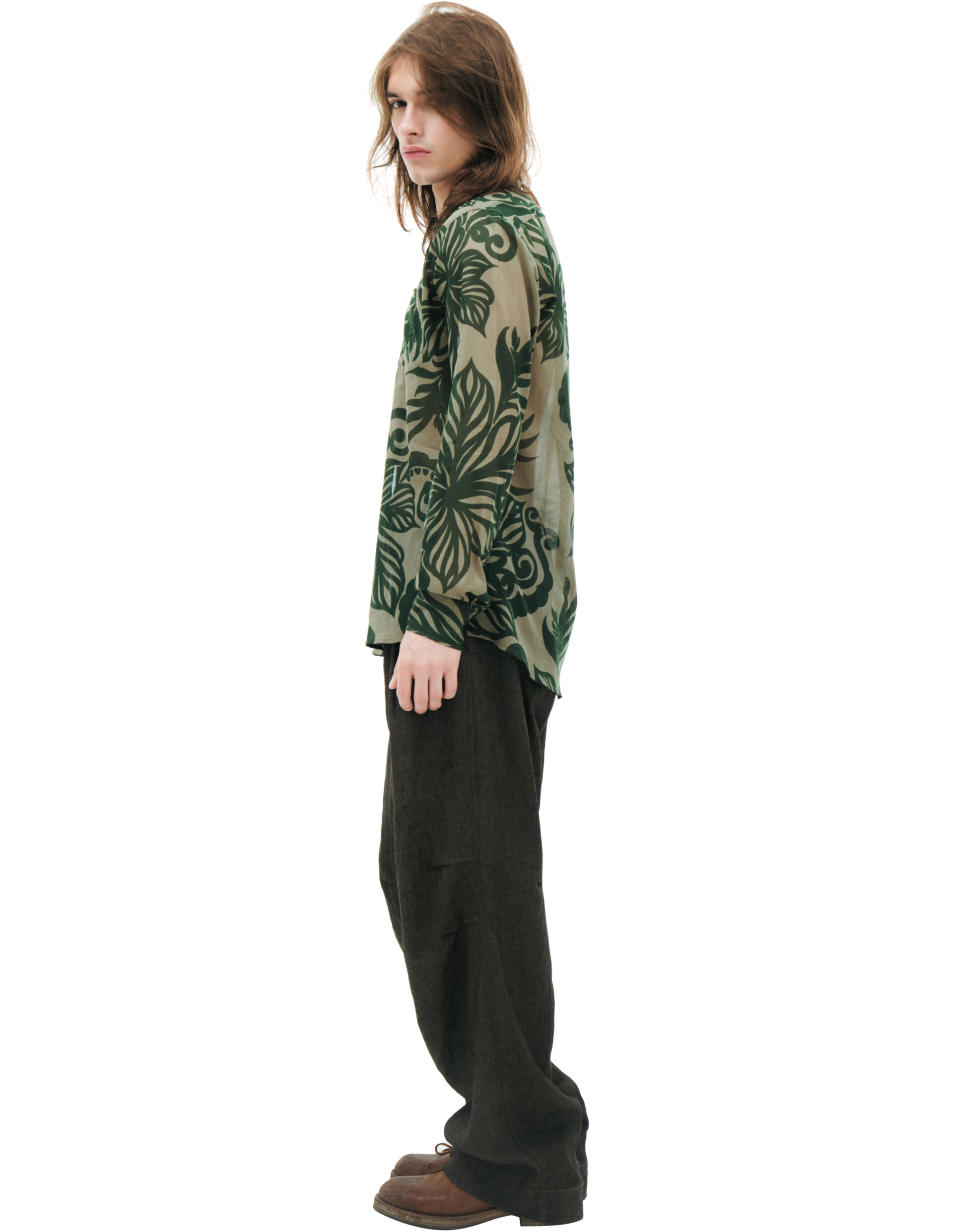 Dries Van Noten Рубашка-231-020707-6136-606 тонкая, монопринт листья, зеленая