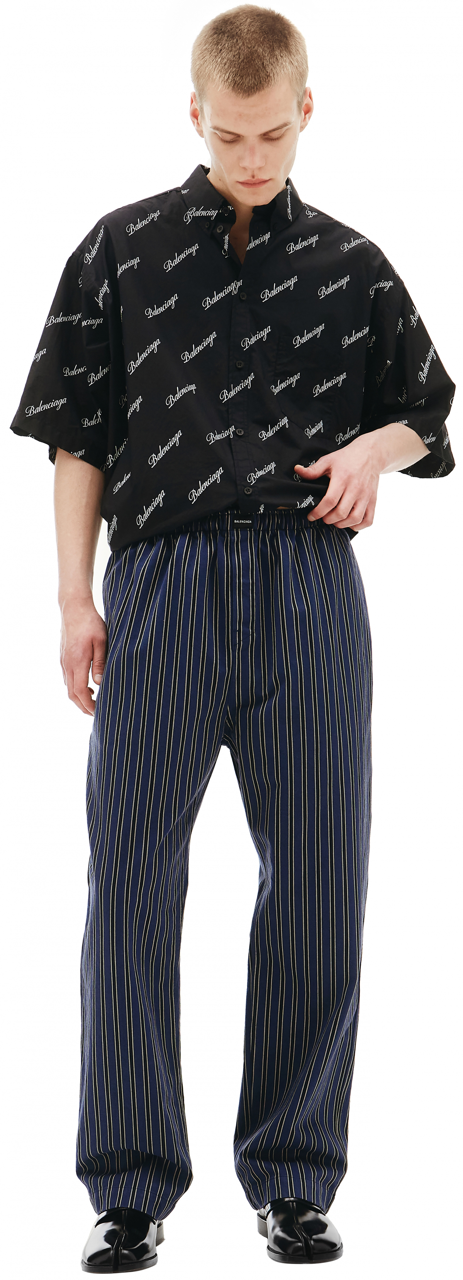 Kritiek Absorberen Opschudding Buy Balenciaga men blue striped cotton trousers for $1,050 online on SV77,  583438/TJP16/8468