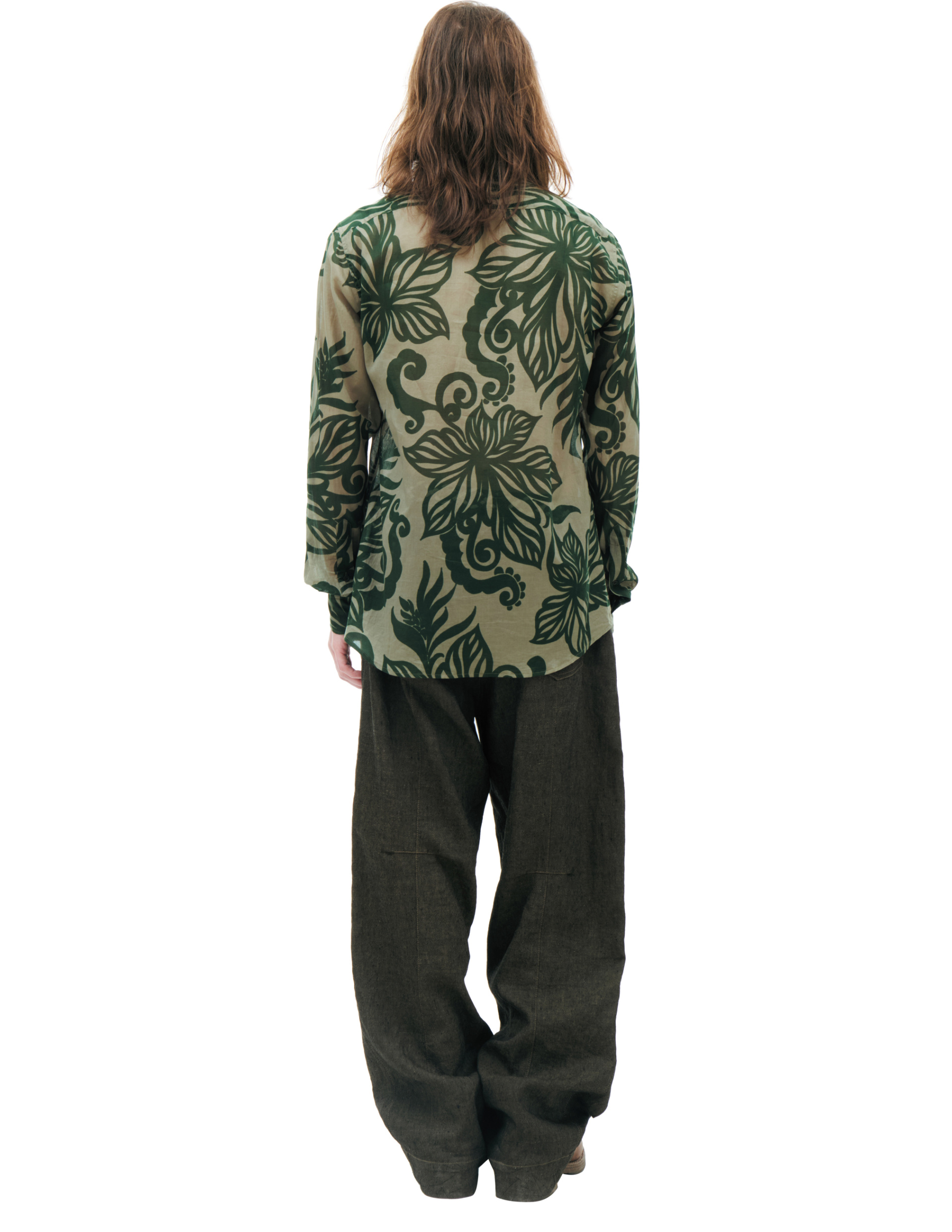 Dries Van Noten Рубашка-231-020707-6136-606 тонкая, монопринт листья, зеленая