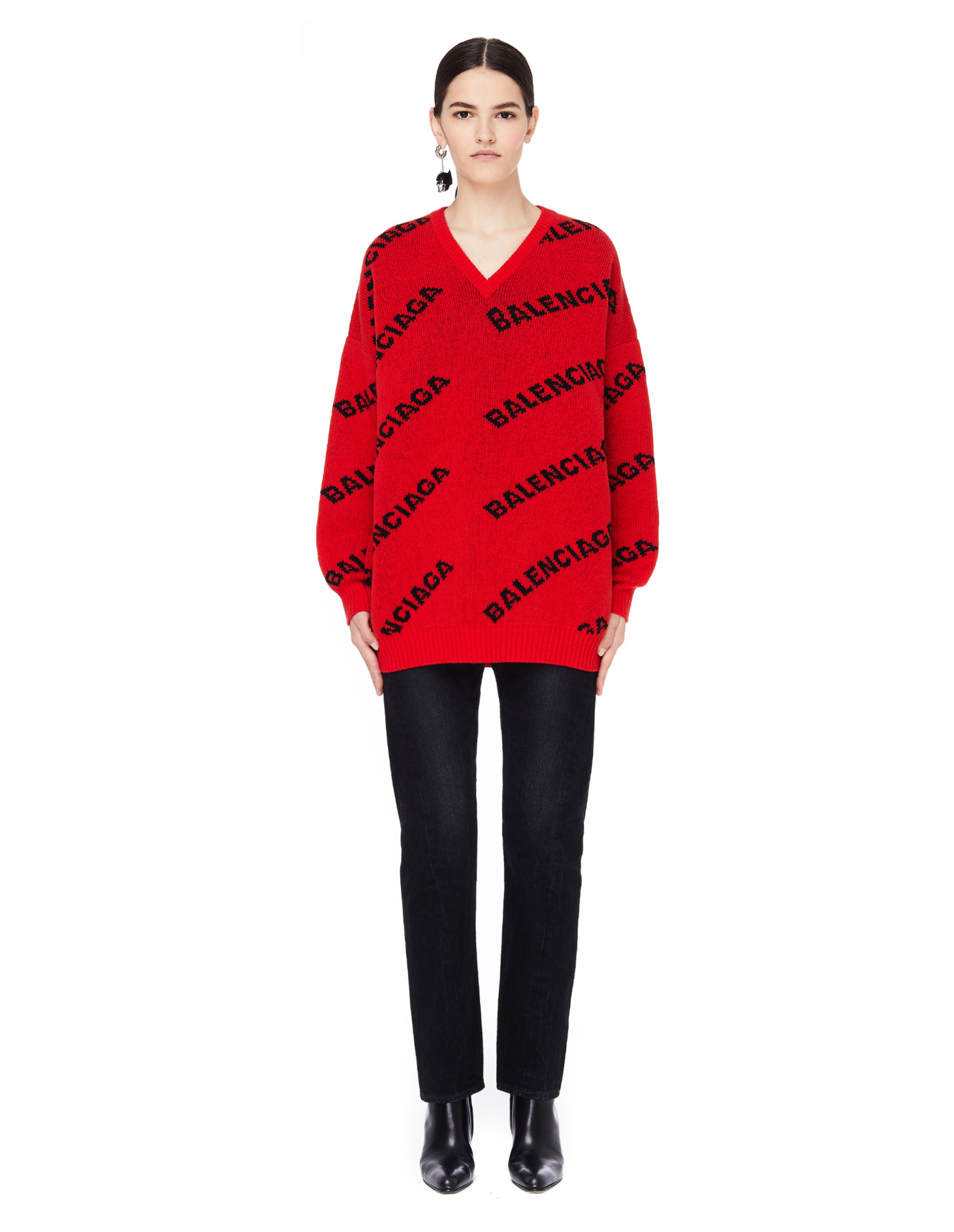 Balenciaga Red V-Neck Logo Sweater
