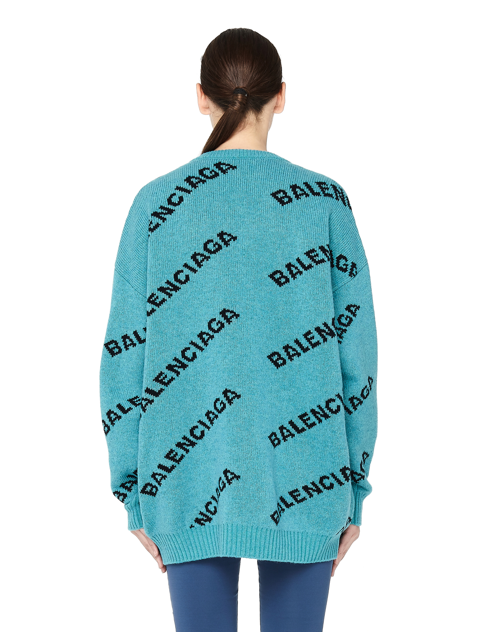 Balenciaga Turquoise Jacquard Logo Wool Sweater