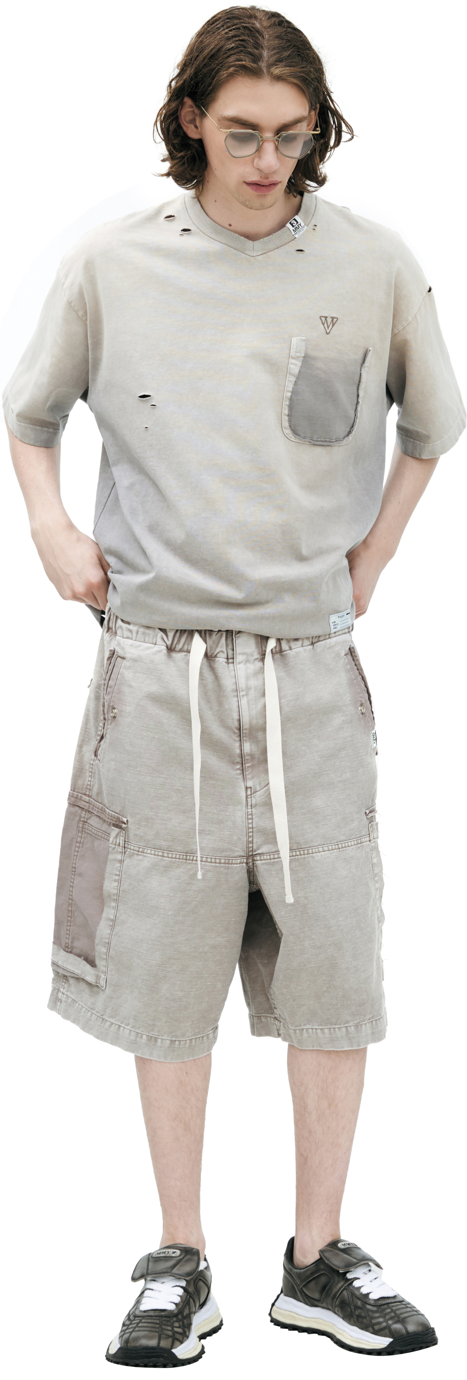 Buy Maison Mihara Yasuhiro men beige shorts with a torn-off pocket