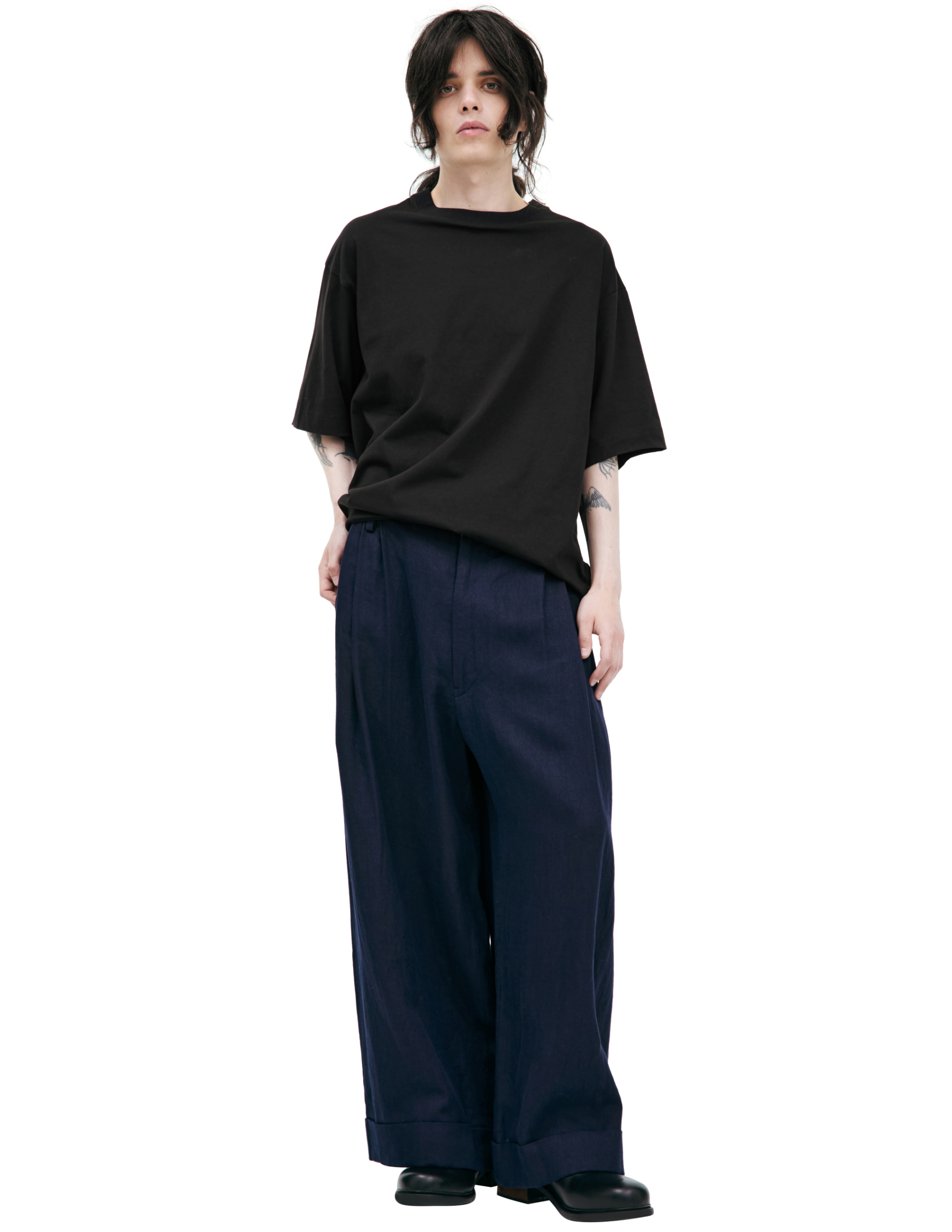 Ziggy Chen Брюки-0M2520514 широкие, защипы спереди, синие