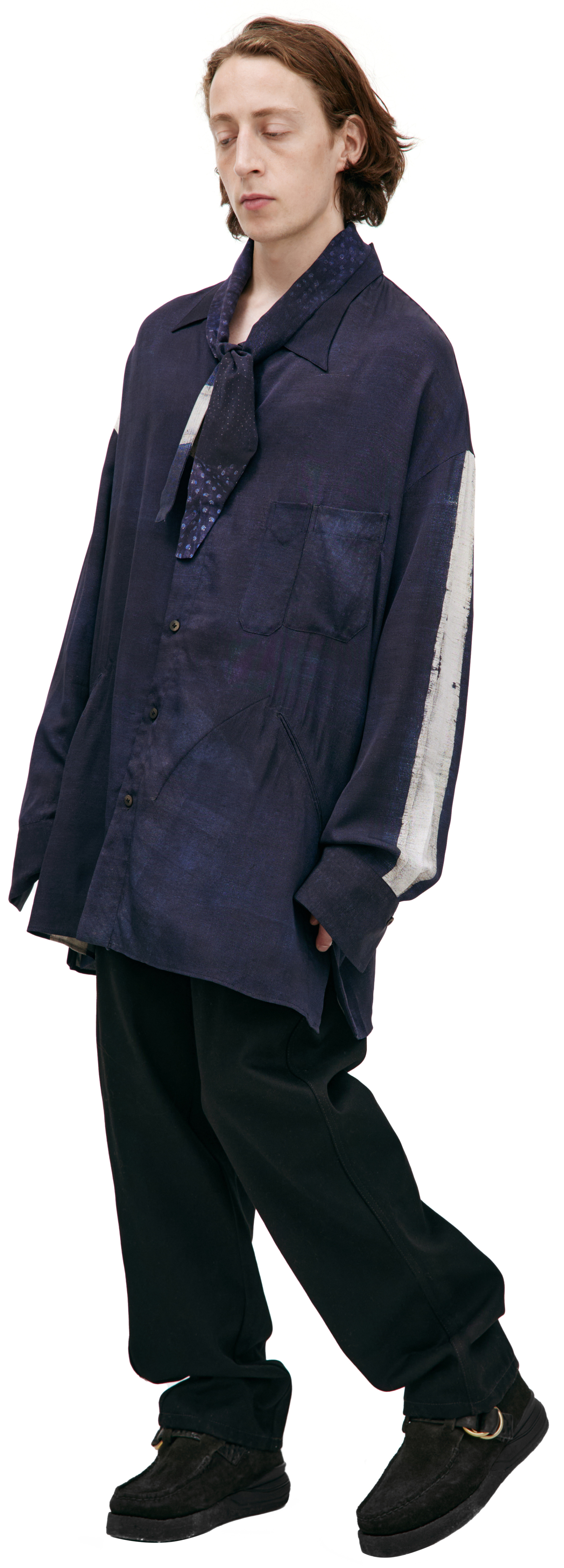 Ziggy Chen Рубашка-0M2520712 белая полоса спереди сзади и на рукаве, темно-синяя